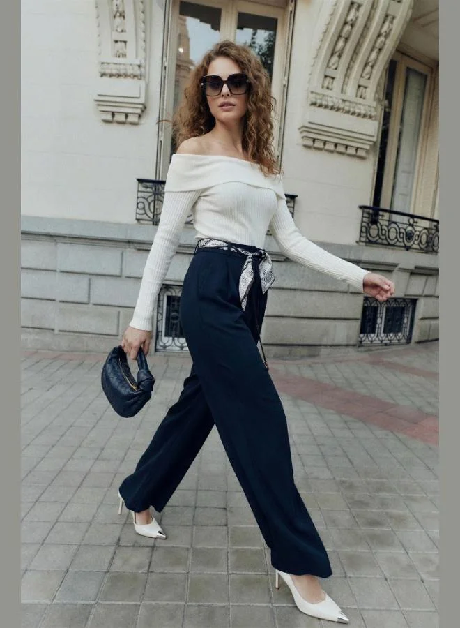 Lela Lela Regular Fit High Waist Straight Leg Trousers With Scarf Belt Women'S Pants 6923860